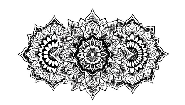 Detailed floral mandala arrangement in black and white creating a complex symmetrical pattern