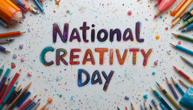A vibrant celebration of National Creativity Day, bursting with colorful hand-drawn lettering surrounded by art supplies.