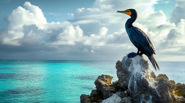Cormorant perched on a coral rock formation turquoise ocean and cloudy sky backdrop creating a serene tropical paradis