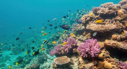 Obraz premium A vibrant coral reef teeming with diverse fish species under clear blue water