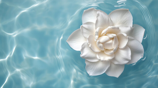 White gardenia flower floating on fresh clear blue water.