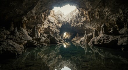 A subterranean cave with still water reflecting the rocky formations and light entering from openings above