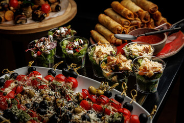 Display of assorted appetizers featuring spring rolls, skewer caprese, and layered salads