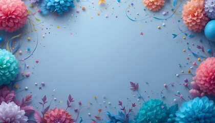 A pastel dream of vibrant paper flowers celebrating a joyous occasion, adorned with confetti and ribbons on a serene light blue background.