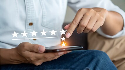 Customer review satisfaction feedback survey concept. User give rating to service excellent experience on mobile phone application, Client evaluate quality of service reputation ranking of business.