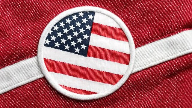 Detailed View of American Flag Patch on Red Fabric with White Stripes and Circular Shape Design