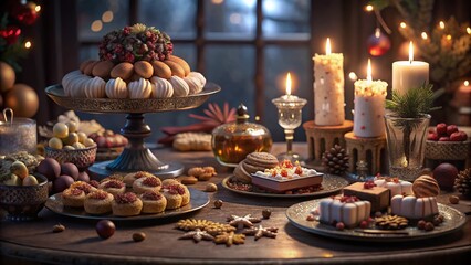 Fototapeta premium Festive Holiday Table Setting with Sweets & Candles - Stock Photo