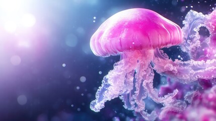 Radiant pink jellyfish, delicate tentacles, underwater glow
