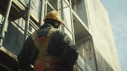 Construction worker adjusting scaffolding for a building project. Featuring safety and precision