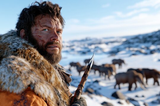 A close-up of a determined hunter with a spear watches the woolly mammoths in the frigid landscape, illustrating human connection to nature and the struggle for survival.