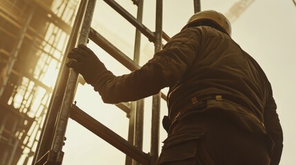 Fototapeta premium Construction worker adjusting scaffolding for safety. Featuring teamwork and safety
