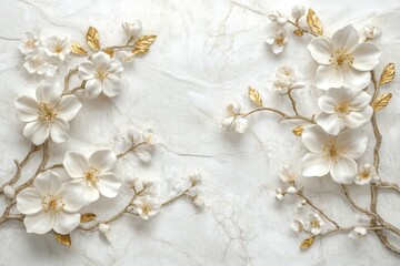 Delicate white flowers on a marble background, featuring gold accents.  Detailed floral arrangements, creating a sense of elegance and luxury