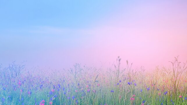 Surreal gradient sky merging with a vibrant wildflower meadow during twilight