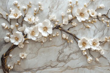 Elegant white blossoms on a marble background. Delicate sculpted flowers and branches in soft whites and golds, set against a natural marble stone backdrop.  A beautiful artistic floral design