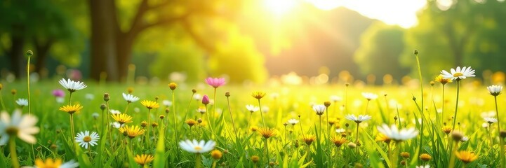 Sunlit meadow with an assortment of wildflowers, daisies, wildflowers, sunlight