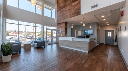Bright reception area features white walls, light wood accents, and minimal furniture, creating an inviting atmosphere filled with natural light