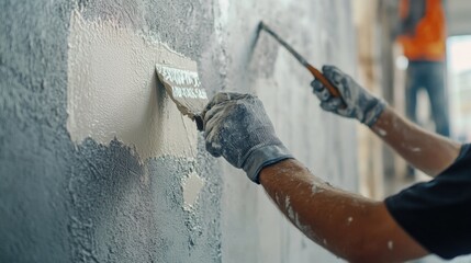 Construction worker applying finishing coat to a wall. Featuring attention to detail and smoothness