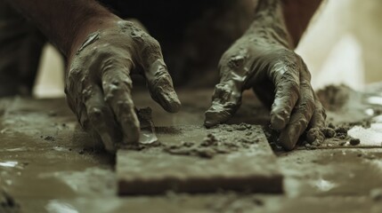 Construction worker applying grout between tiles. Featuring precision and craftsmanship