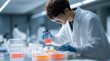 Scientist in lab coat examining orange liquid in a bottle with petri dishes on the table nearby
