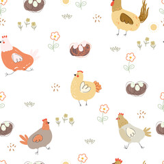 Seamless pattern with chicken, flowers and eggs. Vector illustration with farm birds and eggs for Easter.