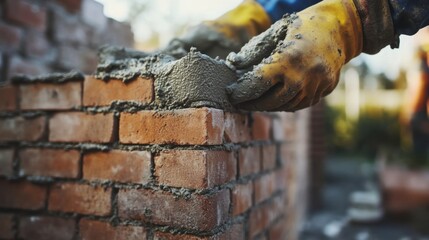 Construction worker applying mortar to a brick wall. Featuring craftsmanship and technique