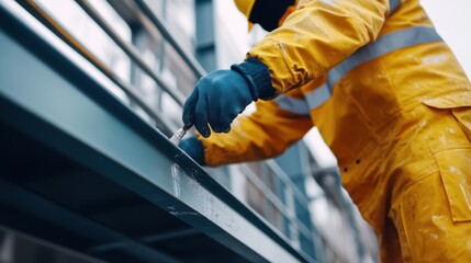 Construction worker applying paint to metal structures. Featuring precision and focus