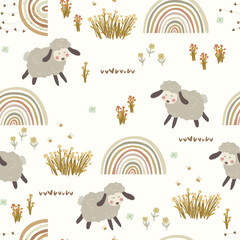 Seamless pattern with cute sheeps, flowers, bees and  rainbows. Vector illustrtaion.