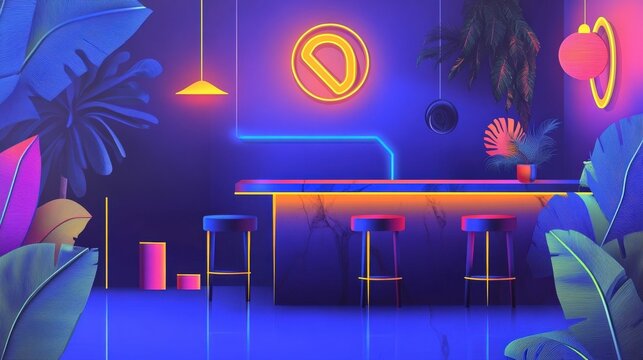 Vibrant neon bar scene with colorful plants and glowing decor, creating a lively atmosphere