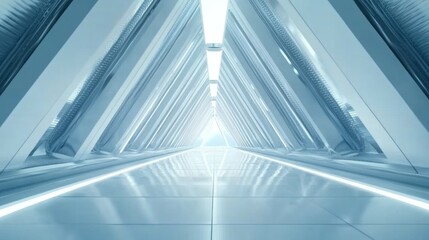 Naklejka premium A futuristic, light-filled corridor with triangular support structures.