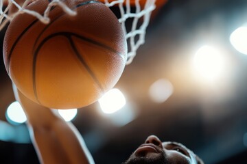 Fototapeta premium A determined basketball player elevates to dunk the ball through the hoop, embodying athleticism and intensity, highlighting the dynamic thrill of competitive sports.