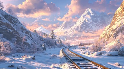 Snowy mountain train tracks.  A picturesque scene of a train track winding through a snowy mountain landscape.  A train is visible on the tracks, amidst frosted trees and peaks. 