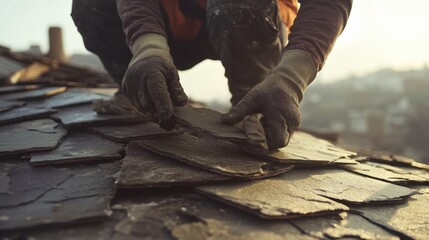 Construction worker applying roofing shingles to a house. Featuring expertise and craftsmanship