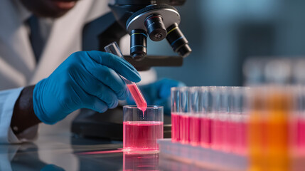 Scientist with blue gloves drops pink liquid into a glass under a microscope in a lab setting