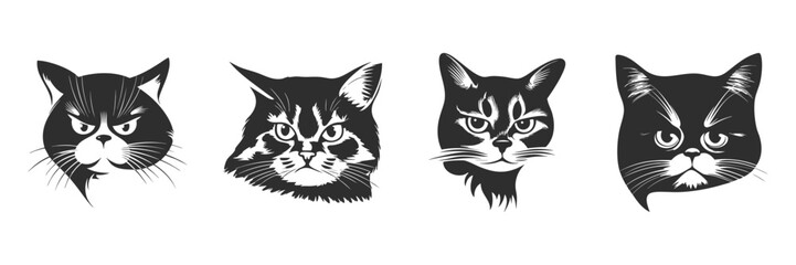Obraz premium Cat Faces With Intense Expressions Silhouette Set. Feline Emotions And Attitudes Isolated Vector Illustration Collection