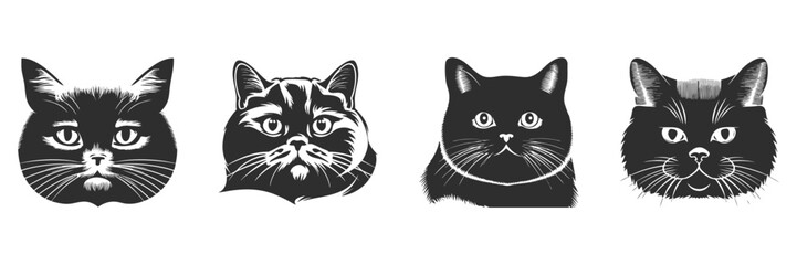Cat Faces Silhouette Set. Feline Expressions And Breeds In Black And White Isolated Vector Illustration Collection