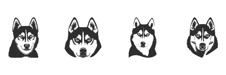 Husky Dog Face Silhouette Set. Siberian Husky Expressions And Features Isolated Vector Illustration Collection