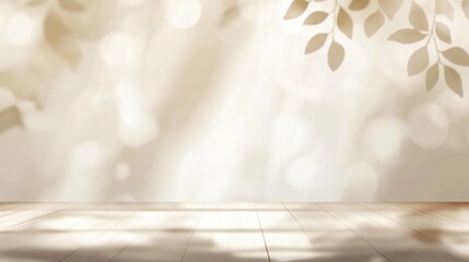 Fototapeta premium A neutral, sunlit interior space with leaf shadows.