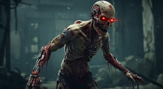 cyborg zombie with red glowing eyes