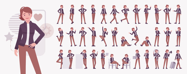 Attractive businesswoman, adult female character set, busy office workday life poses bundle. Business woman, active female day routine at workspace, corporate company lifestyle. Vector illustration