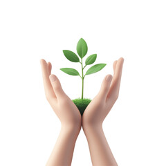 Hands gently cradle small green plant growing on a patch of soil showcasing new life