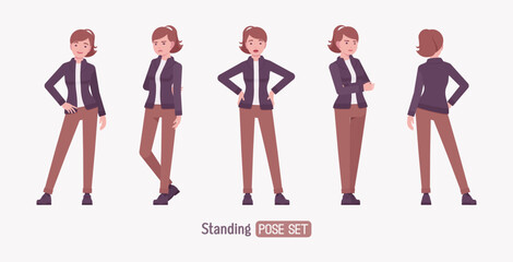 Attractive active young adult woman, standing pose set. Casual apparel female model, ponytail hairstyle, activewear jacket, pants, everyday effortless comfort. Vector flat style cartoon illustration