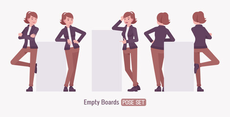 Attractive active young woman, empty board lean pose set. Casual apparel female model, ponytail hairstyle, activewear jacket, pants, everyday effortless comfort. Vector flat style cartoon illustration