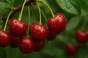 Fresh Cherries With Water Droplets Hanging on a Branch in a Lush Garden During a Rainy Day