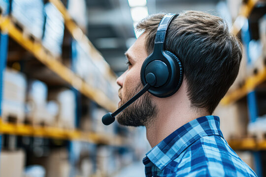 Professional man with headset focused in a warehouse setting, ready for communication.