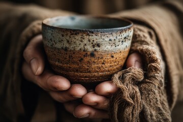 Obraz premium Artisan Craftsmanship and Cozy Feelings. A close-up image of hands cradling a handcrafted bowl with intricate patterns and textures.