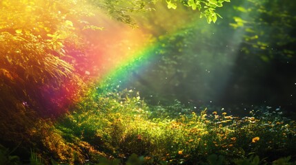 Obraz premium Enchanted Forest Glade: A Luminous Rainbow Kissing Wildflowers and Verdant Moss
