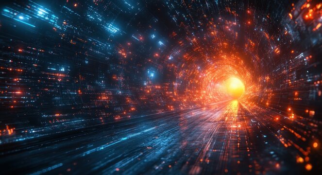 Futuristic Digital Data Flow in Cyberpunk Cityscape with Neon Lights and Binary Code