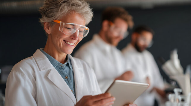Woman in lab coat looking at tablet with colleagues in background performing research work in lab