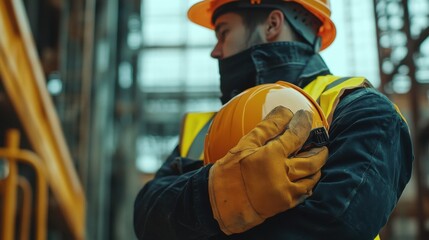 Fototapeta premium Construction worker checking safety equipment before starting the job. Featuring preparedness and attention to detail