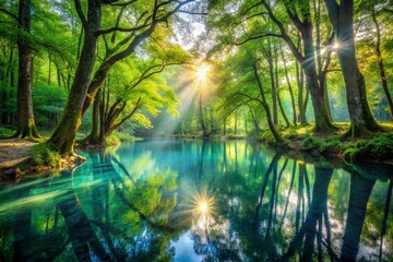Obraz premium Enchanting Mystical Lake Fairy Tale Forest Fantasy Scene - Stock Photo